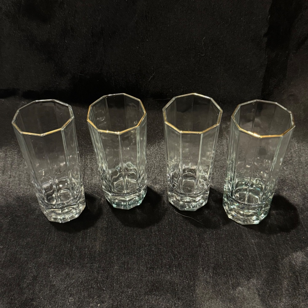 Vintage Octagonal Paneled Double Shot Glasses Set of 4 Gold Rim Heavy Base Bar